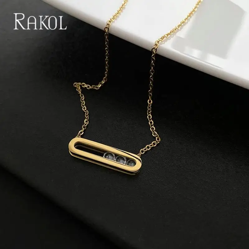 RAKOL Trendy Paper Clip Zircon Pendant Necklaces for Women INS Hollow Out Oval Sweater Chain Party Wedding Jewelry