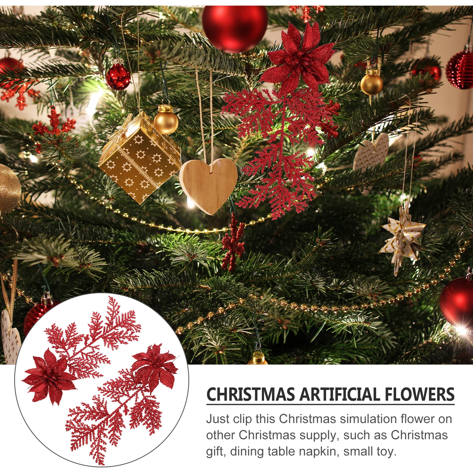 

6 Pcs Christmas Flower Pendant Winter Decor Artificial Pine Leaves Branches Glitter Floral Picks Flowers Twigs Garland