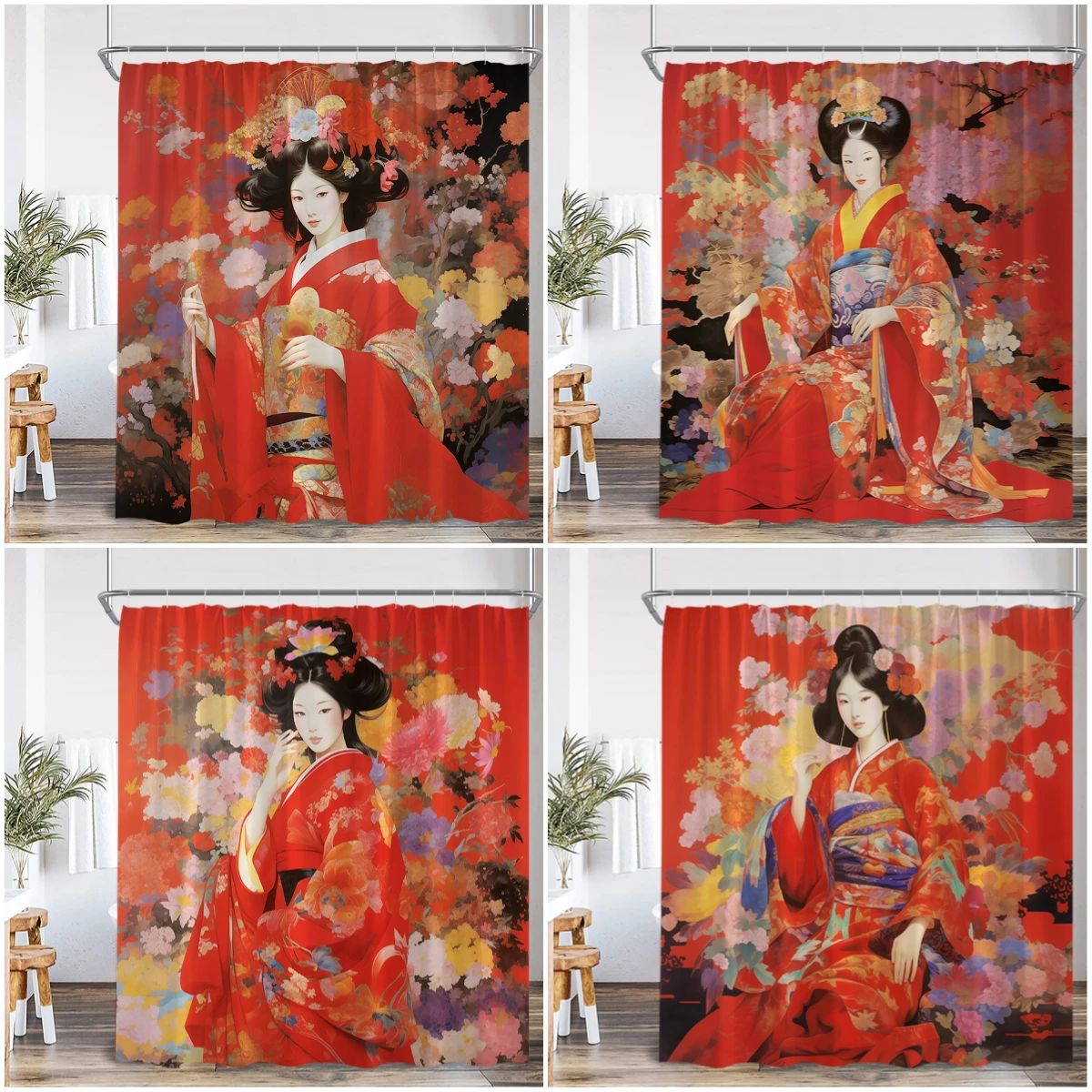 Japanese Geisha Shower Curtain Vintage Asian Traditional Retro Red Blooming Flower Elegant Girl Woman Bathroom Curtain with Ho