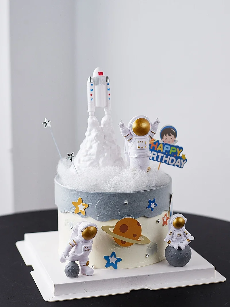 Astronaut Cake Topper Outer Space Birthday Decoration Boy Rocke Astronaut Cake Decoration Planet UFO Kid Party Tools Baby Shower