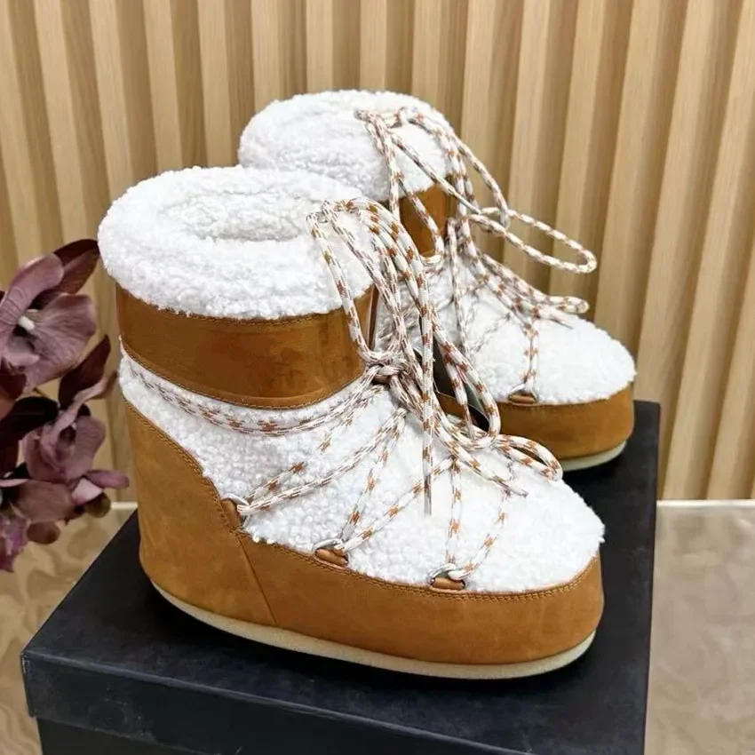 

White thick soled snow boots for women in autumn and winter 2025, warm fur leather cotton shoes with plush short boots