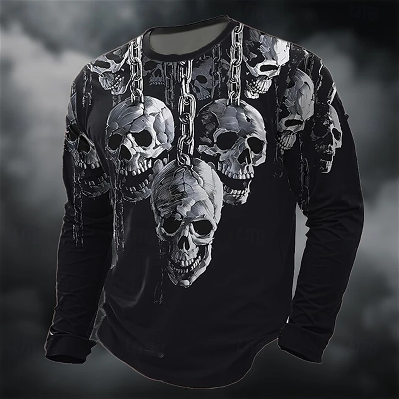 

New Men's 3D Printed Skull Long-sleeved T-shirt Top Retro Men's Round-neck Street T-shirt Autumn Outdoor Oversized Clothing
