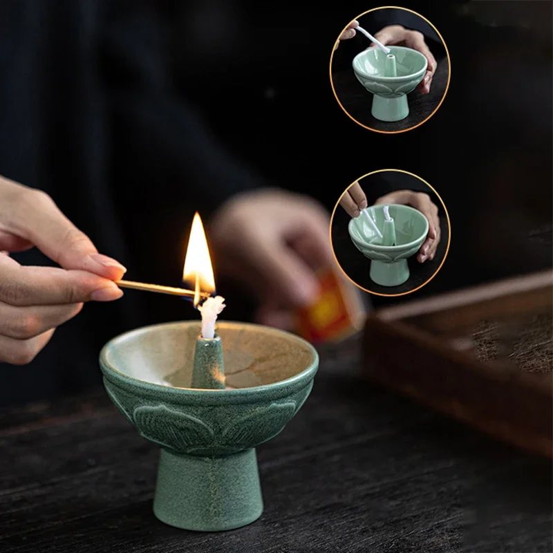 Chinese ceramic ornament retro celadon oil lamp candlestick home offering Buddha everbright lamp