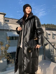 Winter Warm Thicken Long Padded Down Jacket Women's Black PU Parka Jacket Coat Vintage Long Sleeve Stand Collar Leather Overcoat