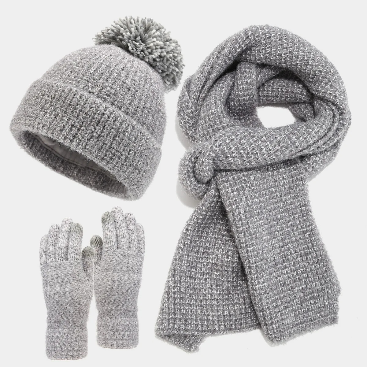 3pcs Knit Beanies Scarf Gloves for Women Thickened Good Quality Long Scarf Big Pompom Winter Hat Cute
