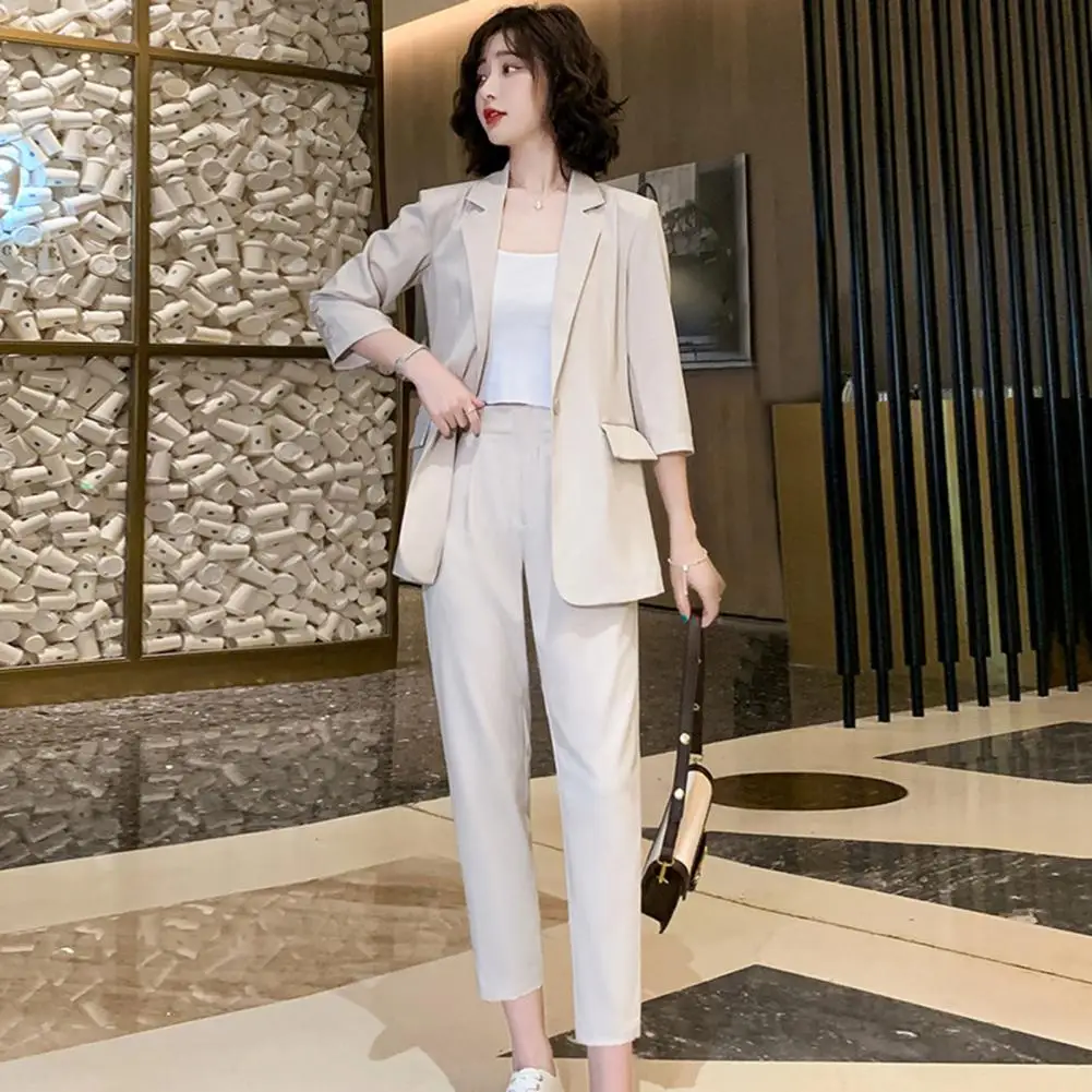 1 Set Women Blazer Pants Set 3/4 Sleeves Solid Color Lady Top Trousers Set Solid Color Single Button Blazer Office Suit