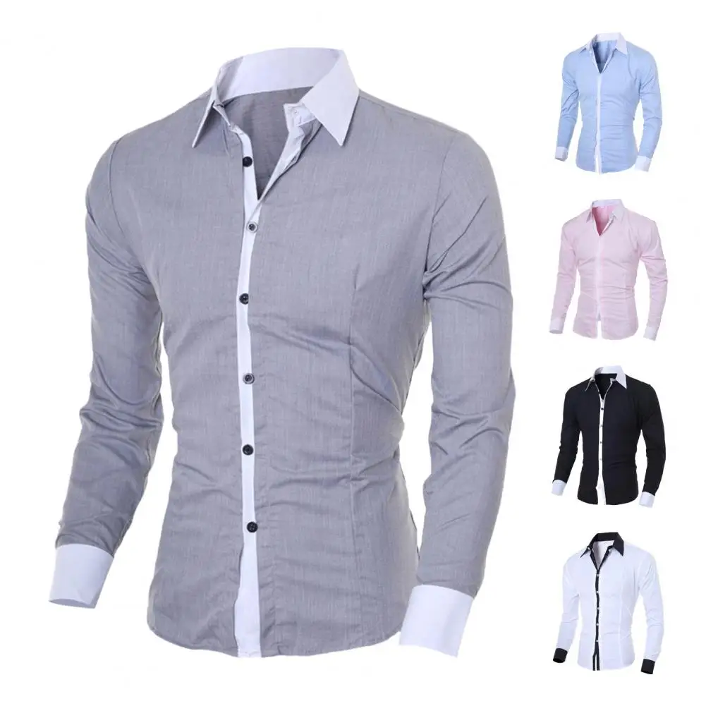 Men Shirt Men's Slim Fit Button Cardigan Formal Shirt for Business Daily Wear Fall Spring Contrast Color Long Sleeves Top