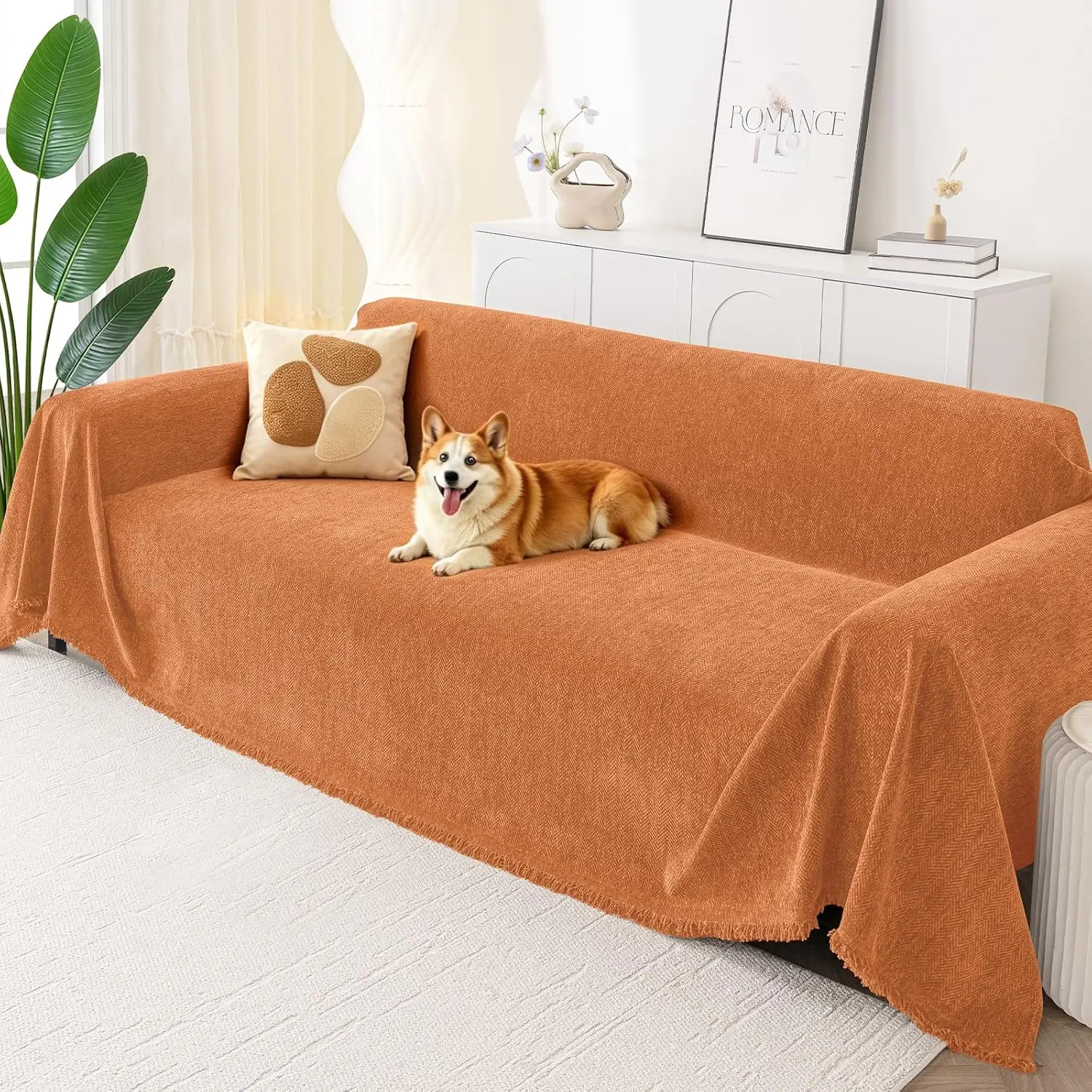 Chenille Sofa Covers For Dogs Washable Furniture Protector With Tassels 3 Cushion Couch Orange Pet Slipcover Thick Soft Sectiona