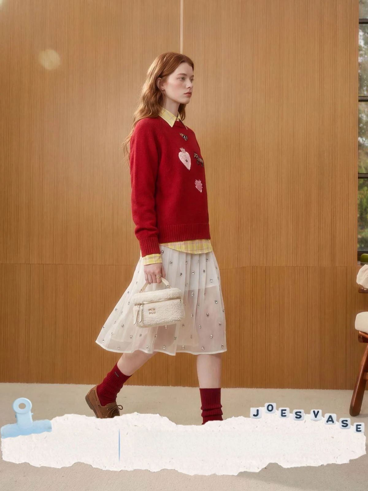 

Red Knitted Sweater Women's Lazy Vintage Sle Spring New Arrival Jo And Flower Vase ×LAB Berries Language Casual Fit Long Sl...