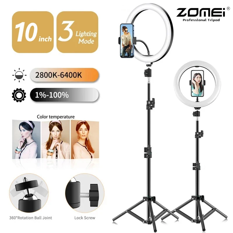 ZOMEI 26cm LED Selfie Ring Lamp Photographic Selfie Ring Lighting RGB Fill light with 110cm Phone Holder Tripod For Video Live