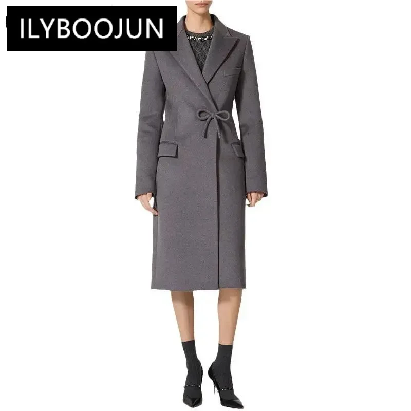 Brand 2024 Winter Vintage Long Cloth Bowknot Notched Full Sleeve Women Solid Wool Blends Coat