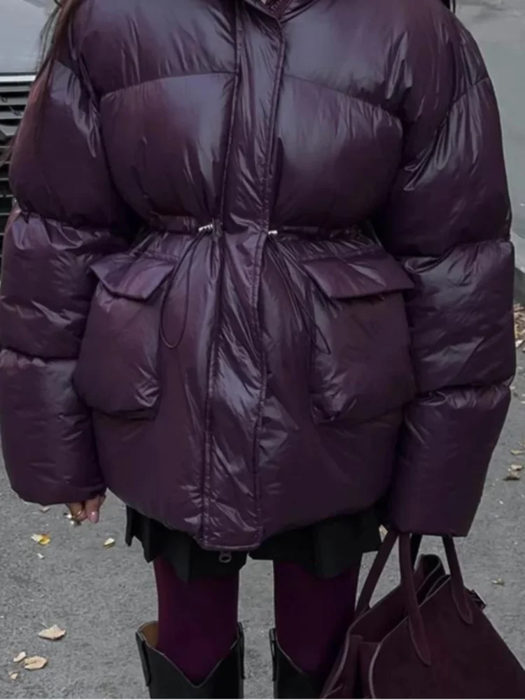 Burgundy Down Jacket Women Belts Cotton Single Breasted Zipper Warm Coat Female 2025 Winter Pocket Long Sleeve Lady Outerwear