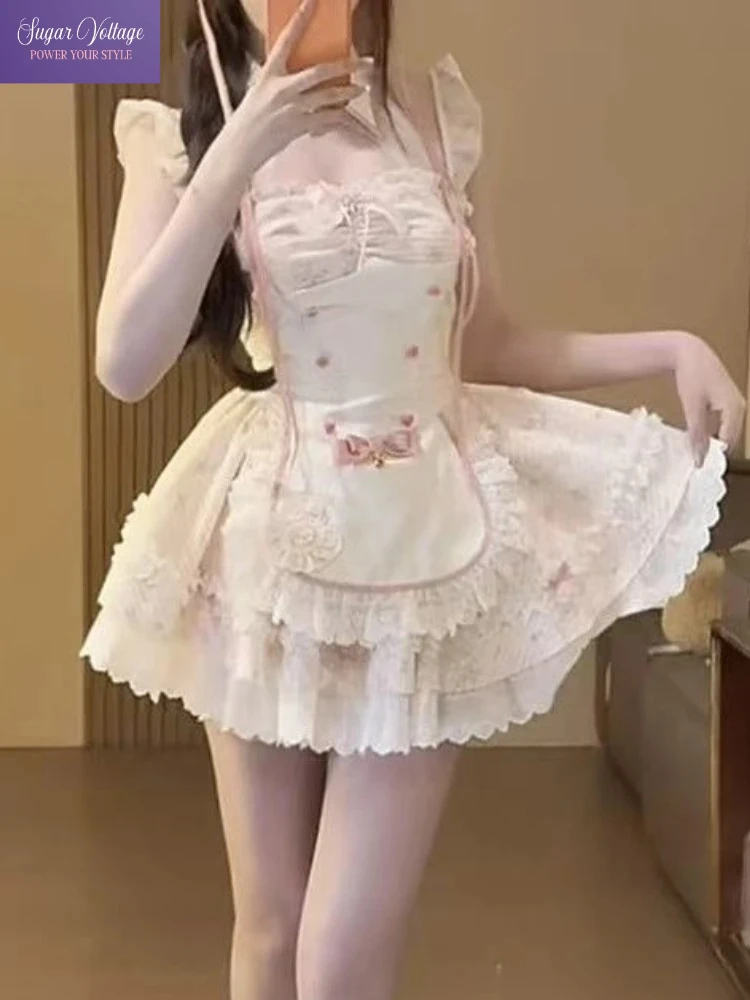 Japanese Sweet Kawaii Dress Women Slim White Lace Bow Chic Casual Dress Summer Elegant Harajuku Cute Lolita Cake Skirt Outfit