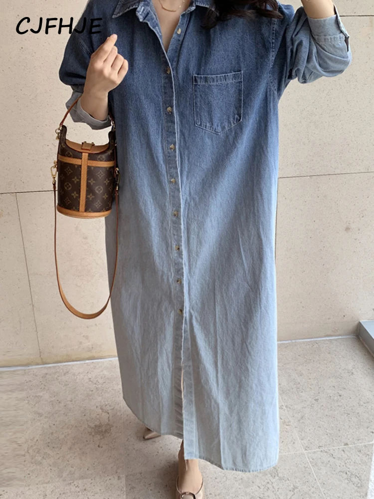 CJFHJE Korean Chic French Lapel Gradual Halo Dye Women's Dress Fashion Design Single Breasted Loose Long Sleeve Denim Dress