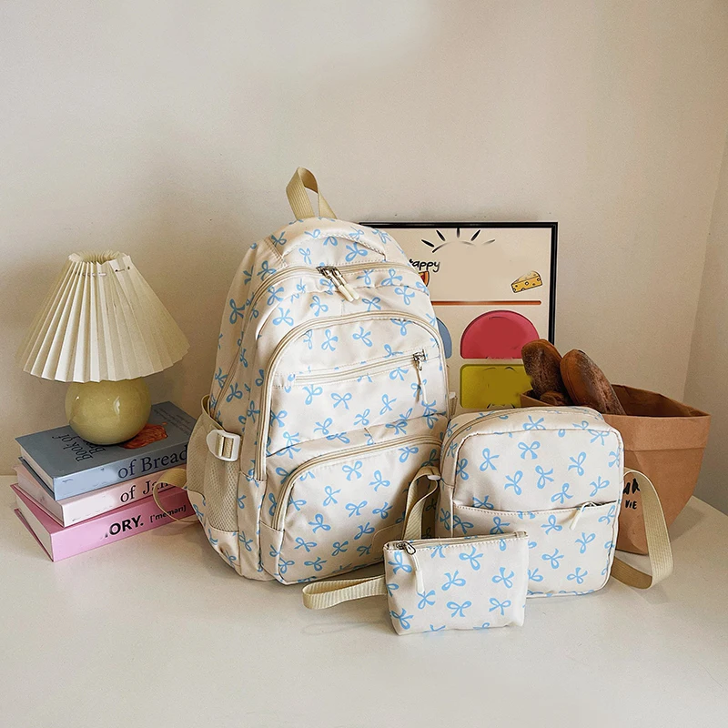 3 ชิ้น/เซ็ตโบว์พิมพ์กระเป๋าเป้สะพายหลังพร้อมกระเป๋าCrossbodyและกระเป๋าขนาดเล็กโบว์นักเรียนBookbagน่ารักกระเป๋าเป้สะพายหลังแล็ปท็อปสําหรับวัยรุ่นหญิง