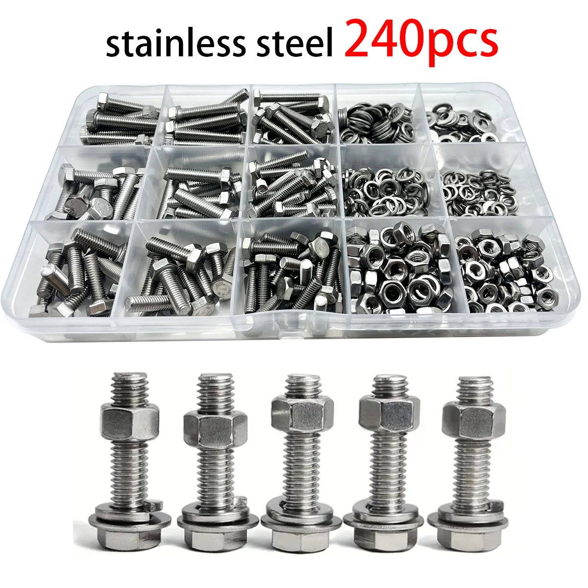 240pcs Stainless Steel Hex Head Bolt and Nut Combo Kit - M4 M5  X 16mm 20mm 25mm - Full Thread Set