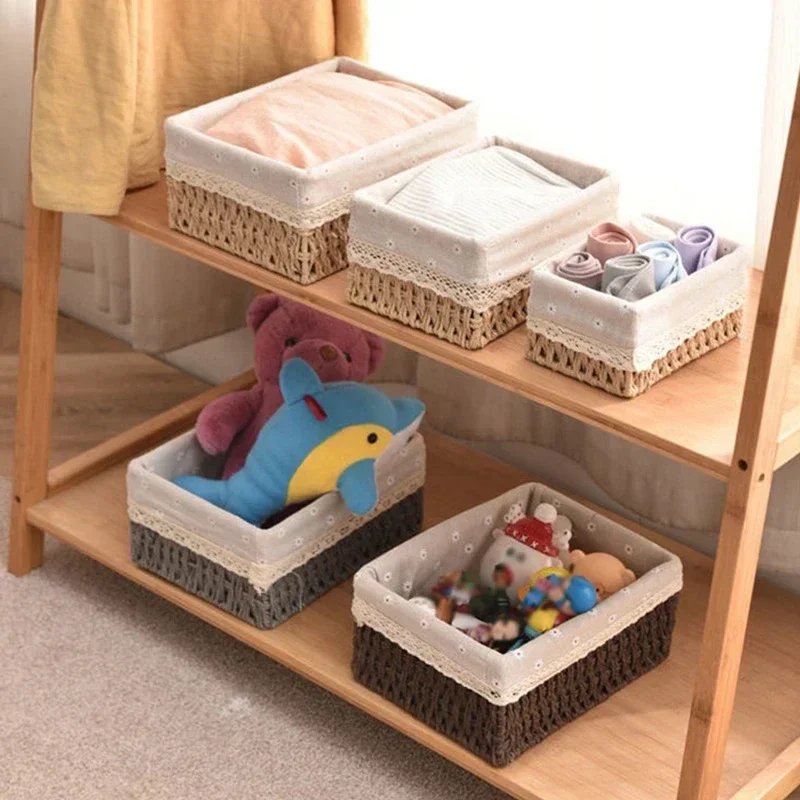 

Rattan with Cover Storage Baskets Hollow Paper Rope Storage Basket Handwoven Storage Box Desktop Sundries Cosmetics Organizer