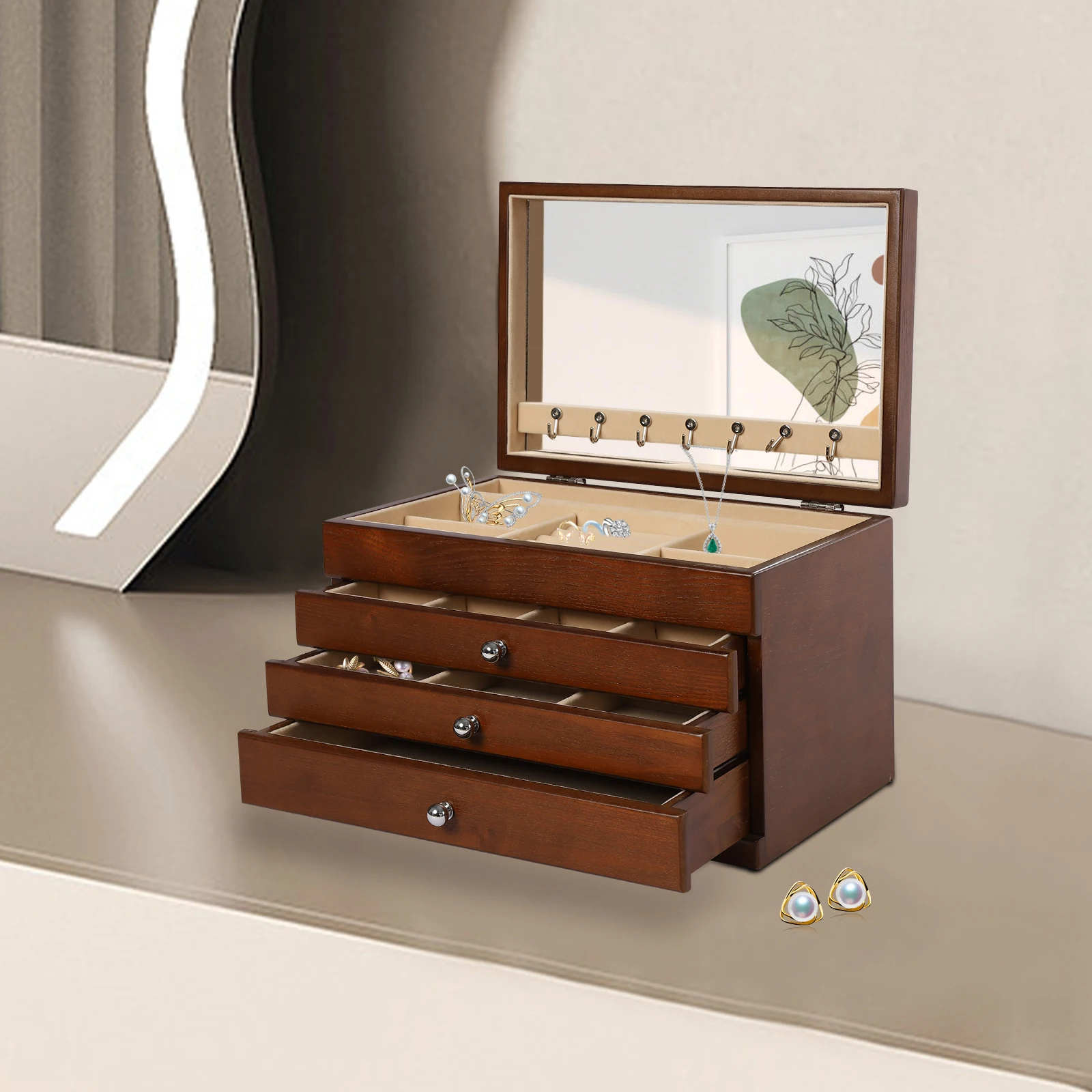 

4-Tier Wooden Jewellery Box Organiser with Drawers Velvet Lined Storage for Rings And Earrings