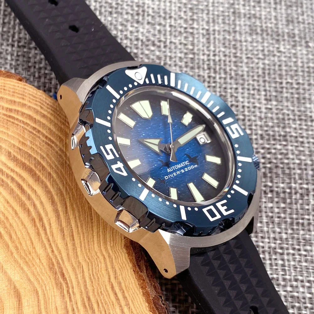 200M Diving Watch Blue Monster Automatic Men Watch NH36 Movt 120 Click Bezel 3.8 Crown Black Edge Hand Waffle Band Luminous