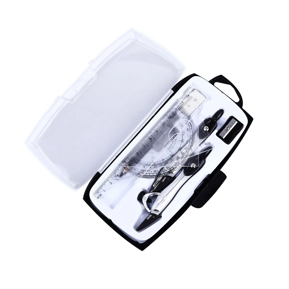 مجموعة أدوات الرسم بوصلة معدنية مسطرة مستقيمة مثلث منقلة قلم رصاص ممحاة مبراة عدة لقرطاسية امتحان الطلاب