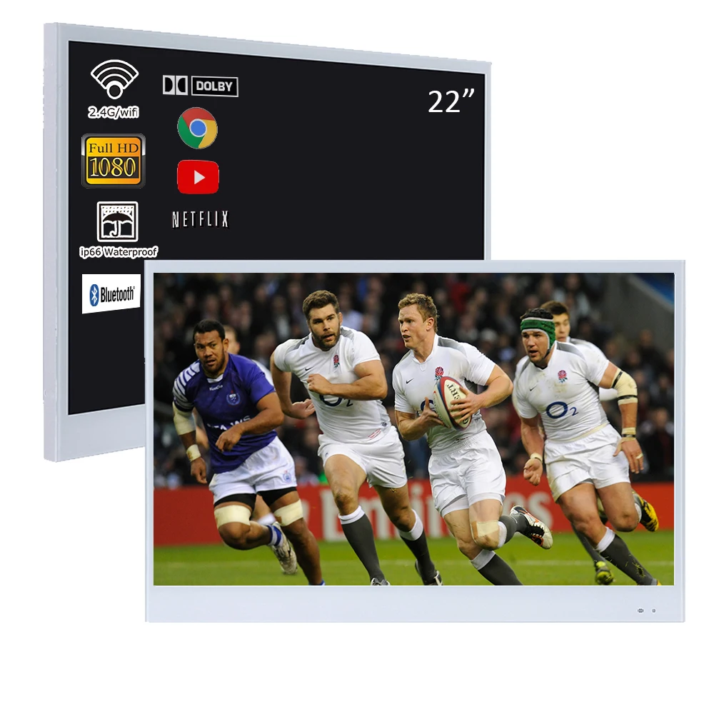 Souria 22' White Waterproof Bathroom TV with Built-in WiFi Bluetooth DTV Tuner Android IP66 for SPA Hotel Room