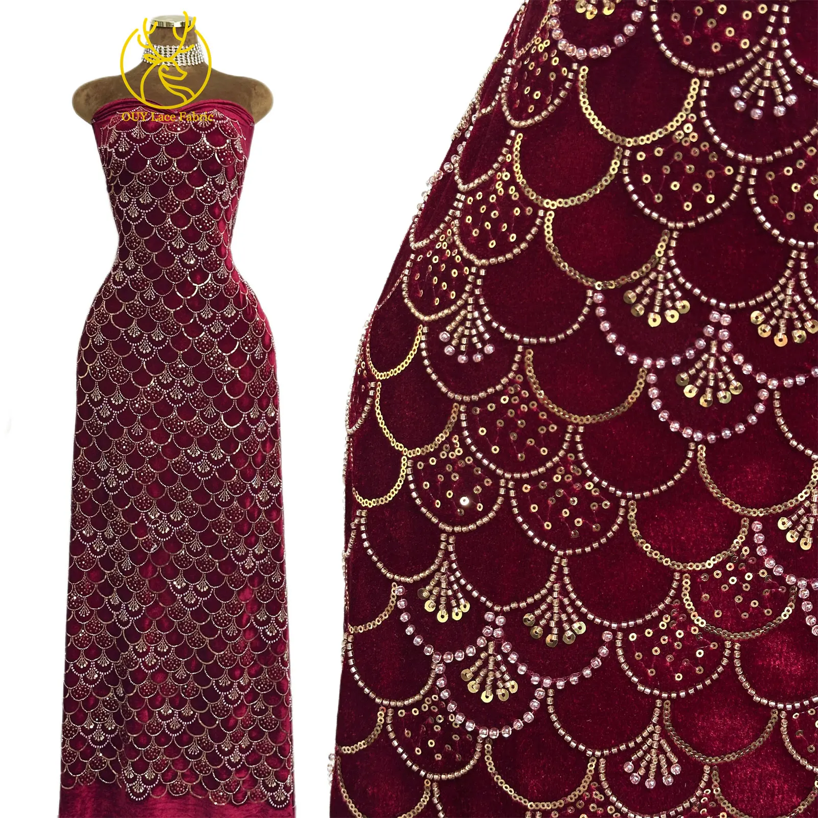 Weinroter nigerianischer Samtstoff mit Stickerei und Perlen, hochwertiger afrikanischer Spitzenstoff, französische Pailletten-Spitze für Damen-Hochzeitskleider – Detail 5