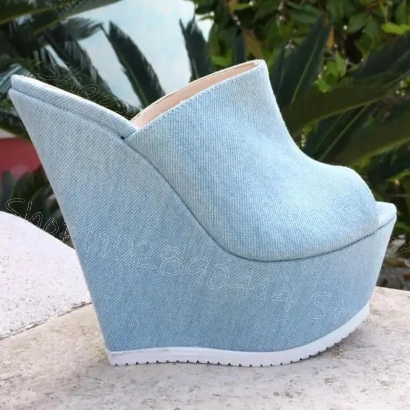 

Newest Denim Blue Jeans High Heel Shoes Women Peep Toe Platform Wedge Sandals Summer Sexy Dress Shoes