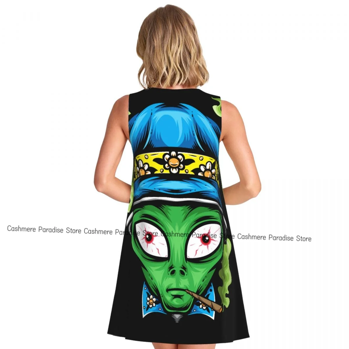 レディースカジュアル膝丈ワンピース エイリアン柄 Oネック ノースリーブワンピース