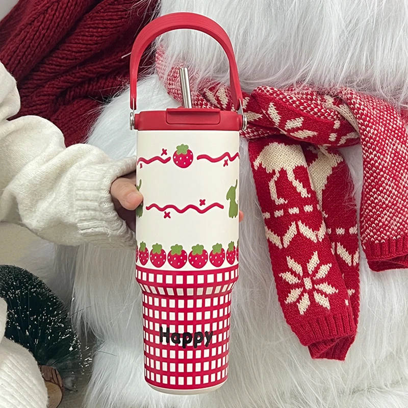 زجاجة ماء معزولة من الفولاذ المقاوم للصدأ بسعة كبيرة مع غطاء بقش وحامل للسيارة، كوب عصري للنساء #4