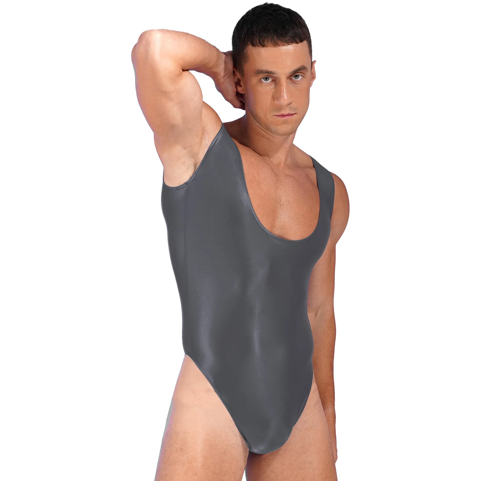 Costumi da bagno uomo lucido Backless body Pool Party costume intero taglio alto senza maniche body allenamento sportivo Yoga Fitness