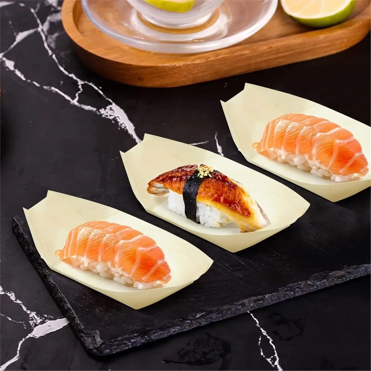 Multi-use Gear 100pcs Disposable Wooden Boat Boards, Sushi Boat Trays, Japanese Snack Trays, Suitable for Family Restaurants