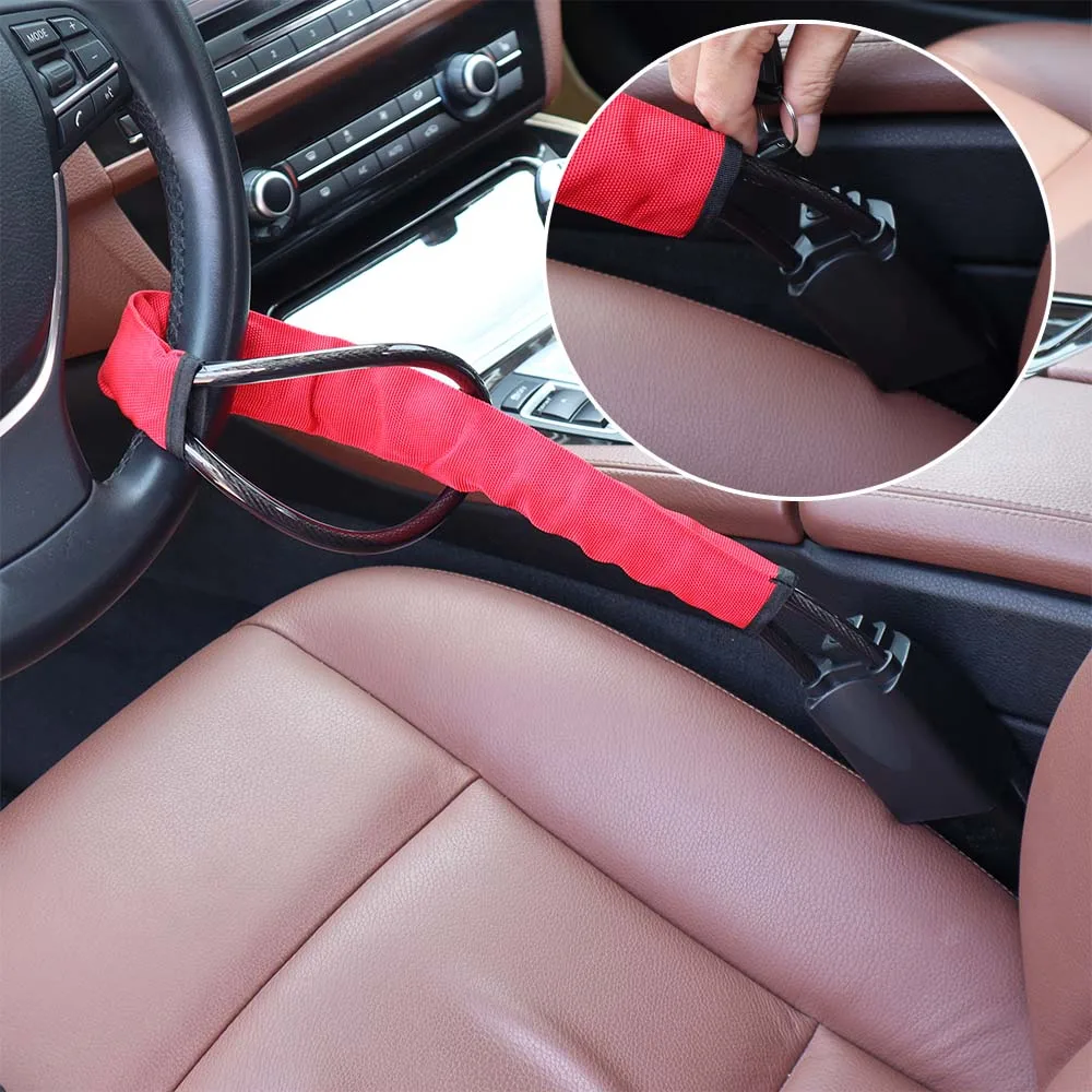 Steel Steering Wheel Lock Anti-Theft Device with Cut-Resistant Retractable Bold Cable Seatbelt Fastener for Car & SUV Security