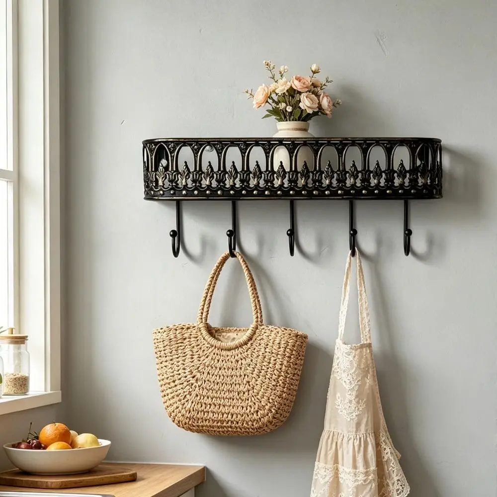 Quality Iron Metal Vintage Metal Wall Rack Multiple Hooks Retro Appearance French Style Iron Hanger Easy Mount