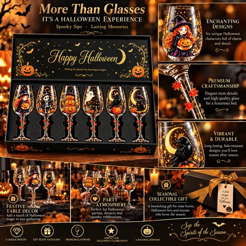 Spooky Halloween Wine Goblet with Sticker Design Witch Ghost Pumpkin Cat Decorative Stemmed Glass for Party Home Bar