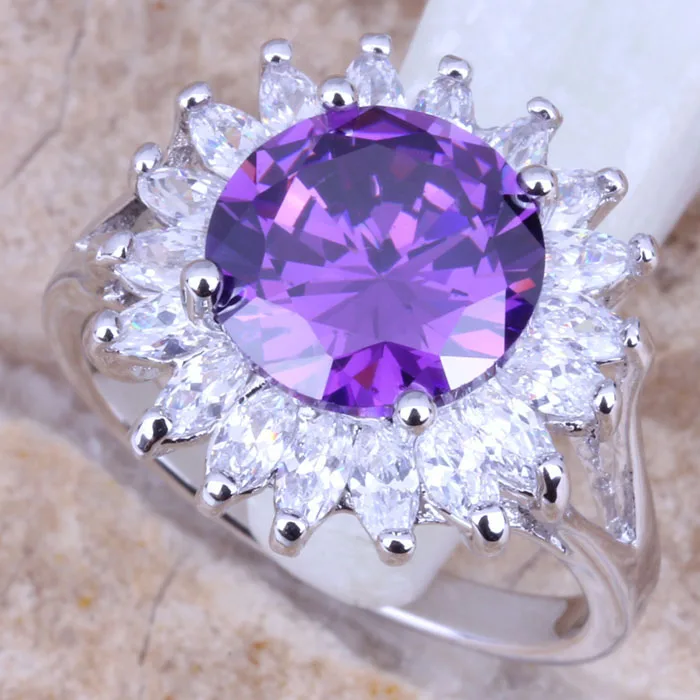 Noblest Purple&White Cubic Zirconia Flower Fashion Jewelry Women\'s Ring Size 6 / 7 / 9 R0817w