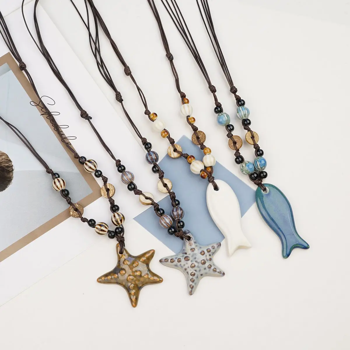Jingdezhen Ceramic Fish Starfish Necklace Vintage Beaded Woven Pendant Bohemian Ocean Jewelry Asian Style Sweater Chain Women