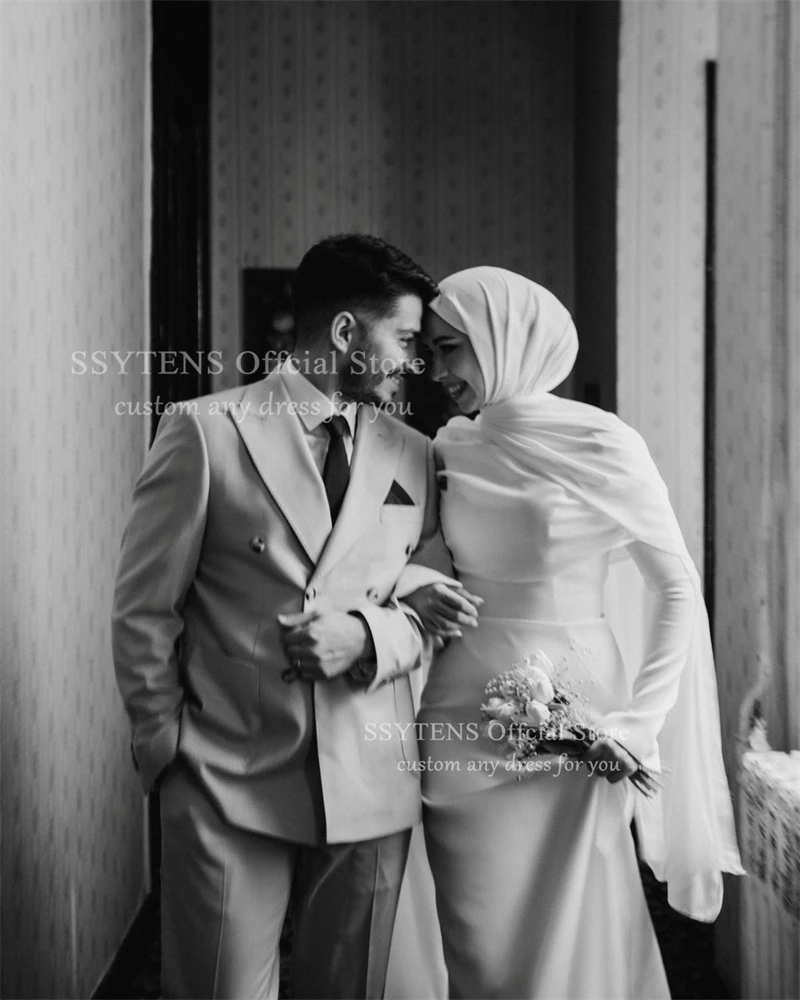 SSYTENS Elegant lvory Wedding Dresses Satin High Neck Full Sleeves Mermaid Bridal Gown Sweap Train Modest Bride Dress Customized