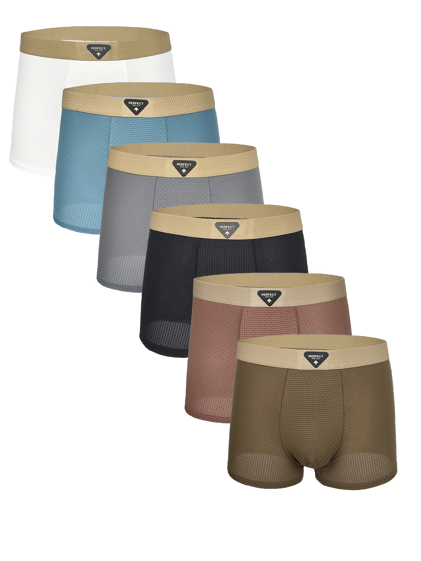 

Men's 6-Pack Ice Silk Boxer Briefs - 3D Textured Mesh, "PERFECT" Logo Waistband, Assorted Multicolor Underwear Set