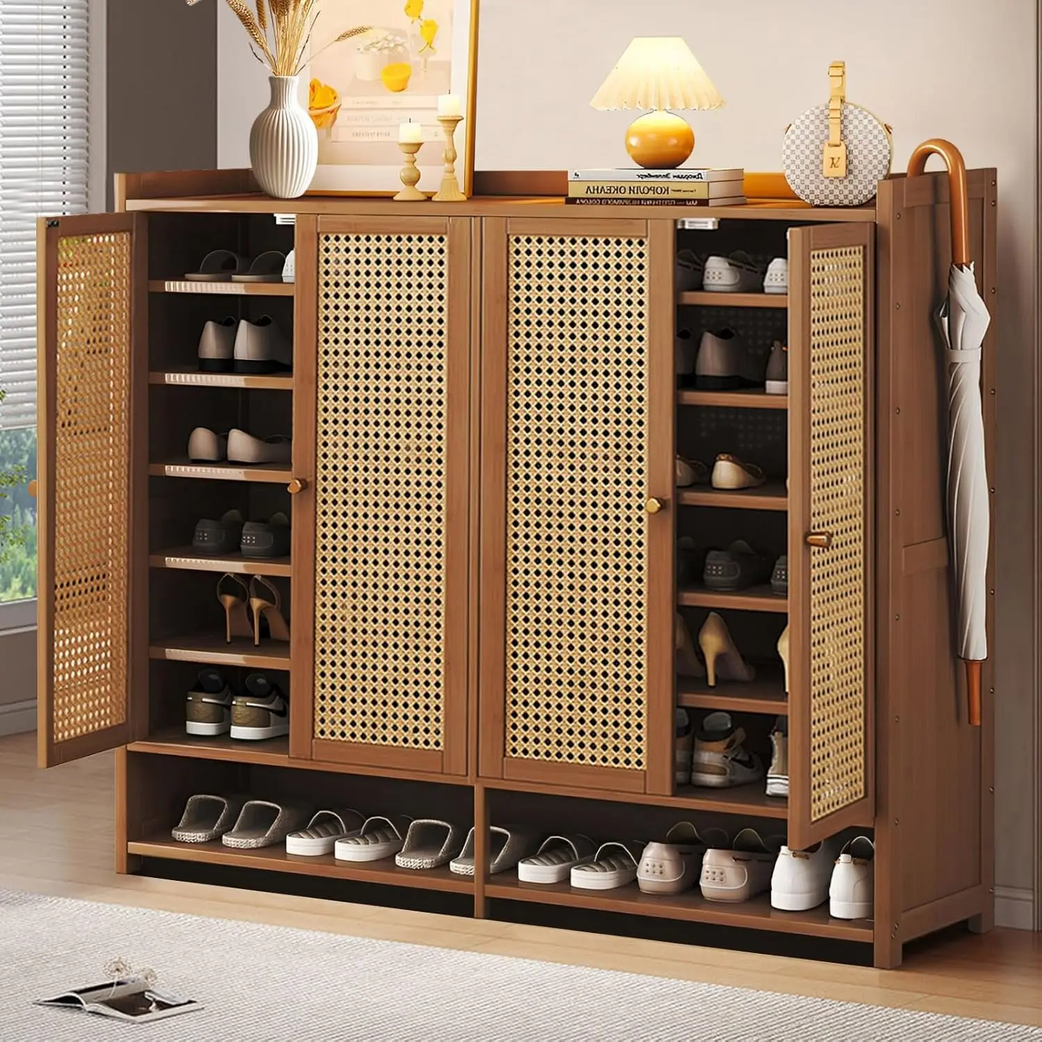 

Shoe Cabinet, 8-Tier Shoe Storage Cabinet with Doors, Freestanding Bamboo Shoe Rack Organizer with Shelves for Entryway
