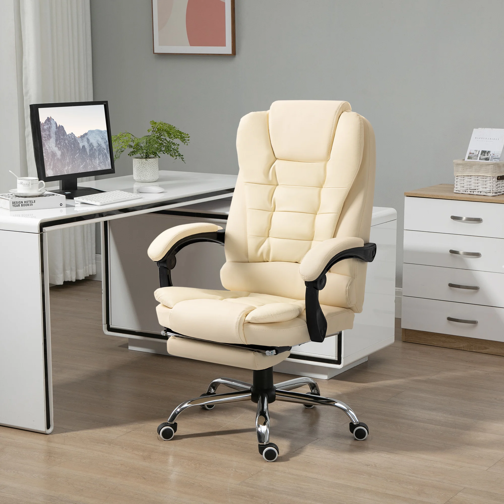 Fauteuil de bureau ergonomique - Pivotant avec repose-pieds et accoudoirs - Simili - Blanc crème