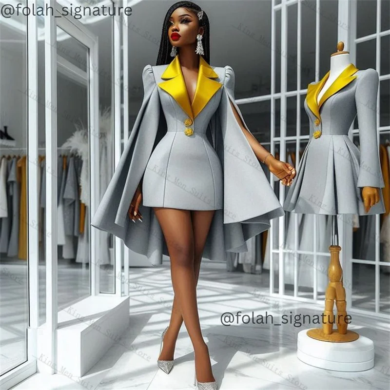 Grey Yellow Women Suit Skirt 1 Piece Long Blazer Prom Dress Customized Split Sleeves Formal Guest Wedding Tuxedos Party Coat