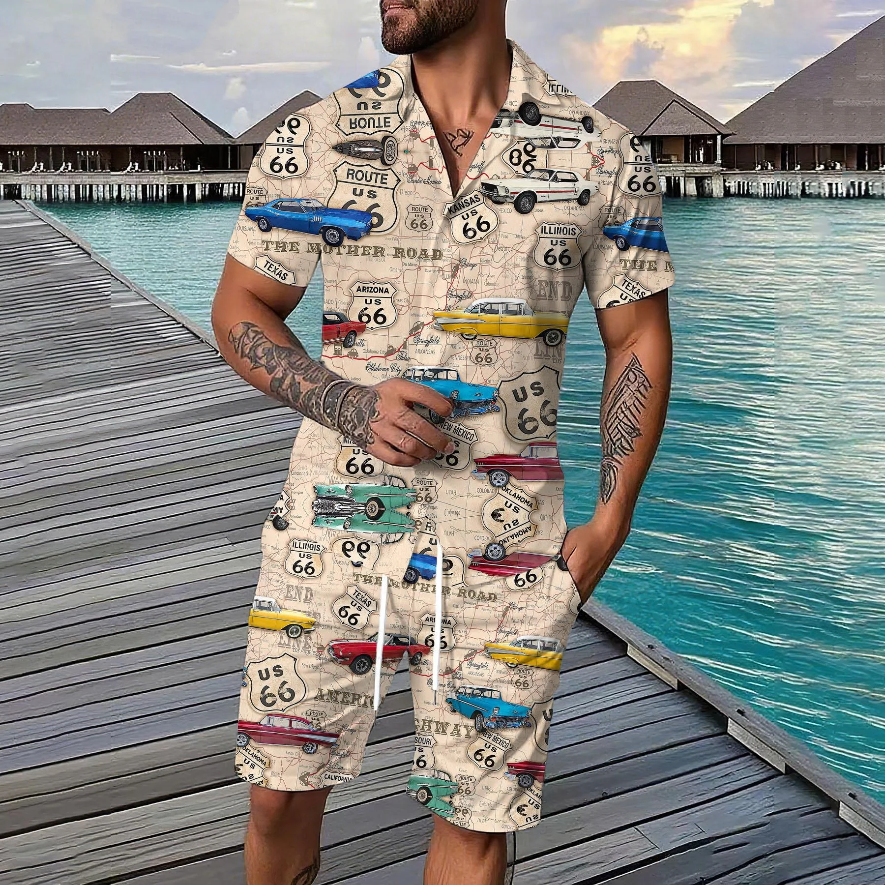 

Summer Men's Shirt Two Piece Set Washed Map Print 66 Vintage Men's Short Sleeve Shirt Outdoor Shorts OverSize Men's Clothing