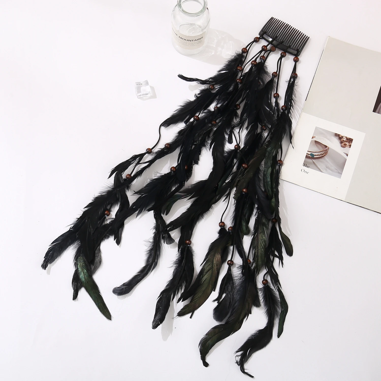 1 black handmade beaded Bohemian ethnic style feather hair clip headpiece for holiday decoration