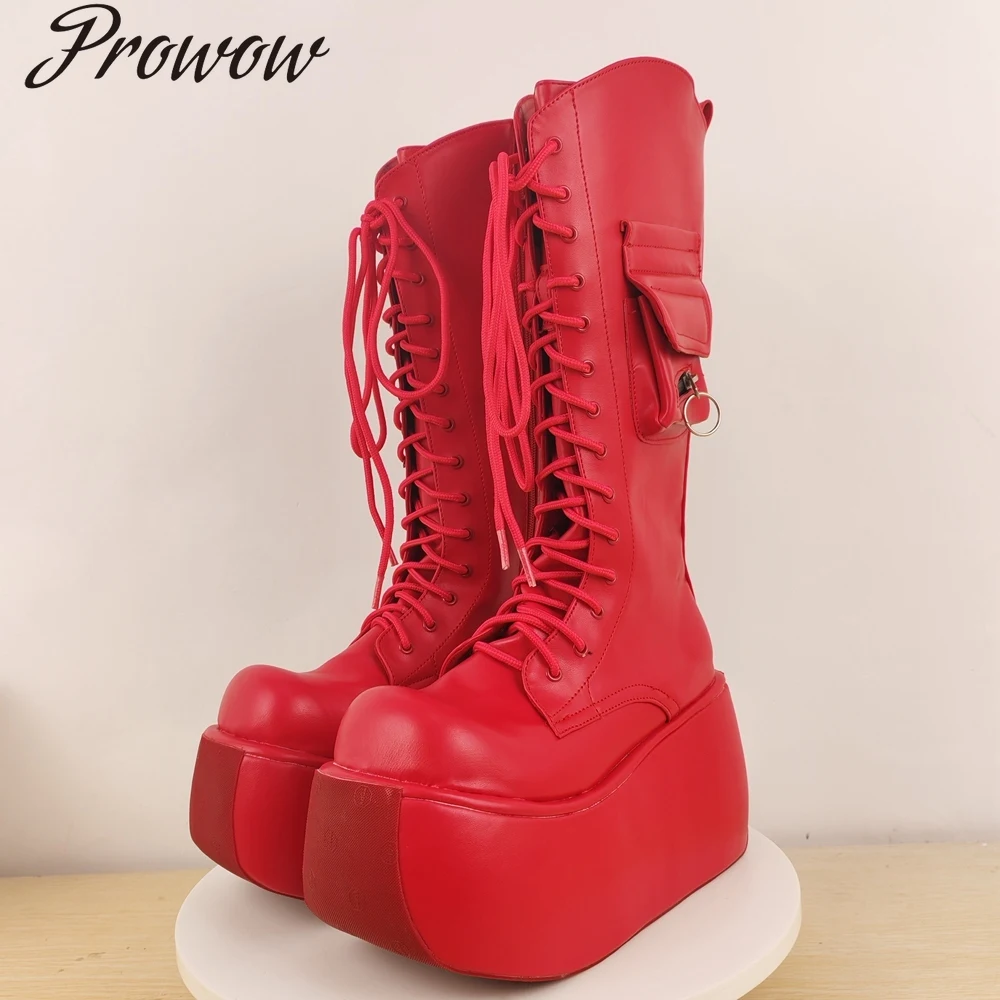 

Красные модные сапоги до колена на платформе со шнуровкой на высоком каблуке и танкетке, женская обувь Zapatos Mujer