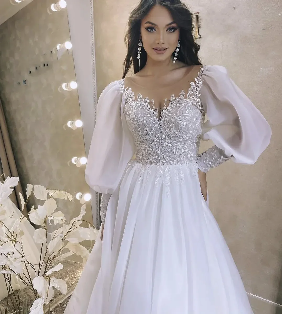 Luxury Women's Wedding Dress Line Puff Long sleeve floor-length V-neck decal Elegant simple romantic beach bridal party dress