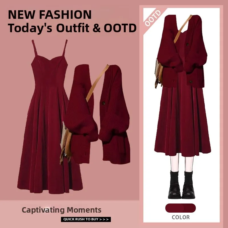 Autumn Winter Women's Knitted Cardigan Sweater Set with Strap Dr Two Piece Suit Long Sve Faionable Casual Outfit