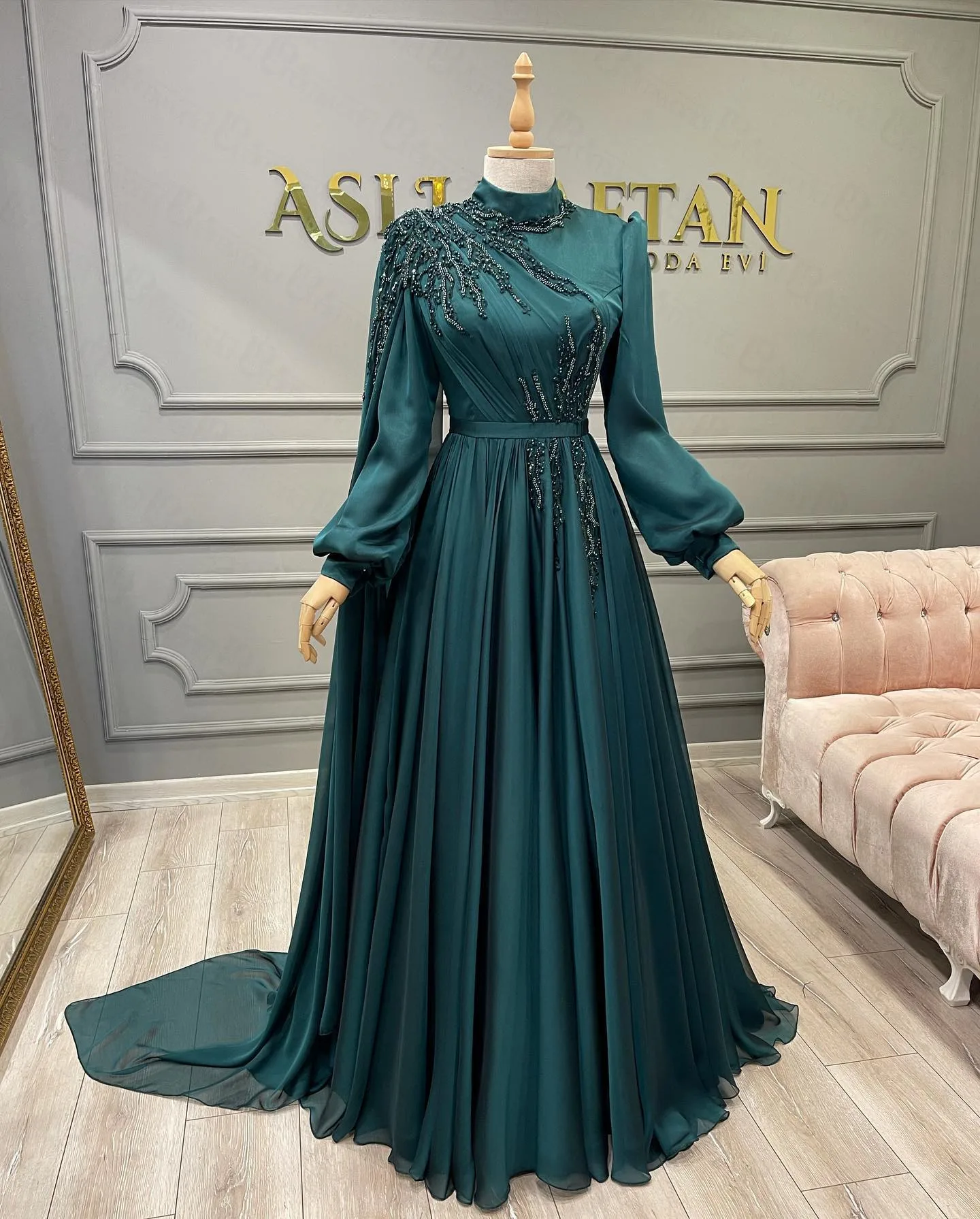 Elegante moslim avondjurken lange mouwen Dubai Arabische verlovingsformele kleding kralen kant chiffon kaftan prom feestjurken