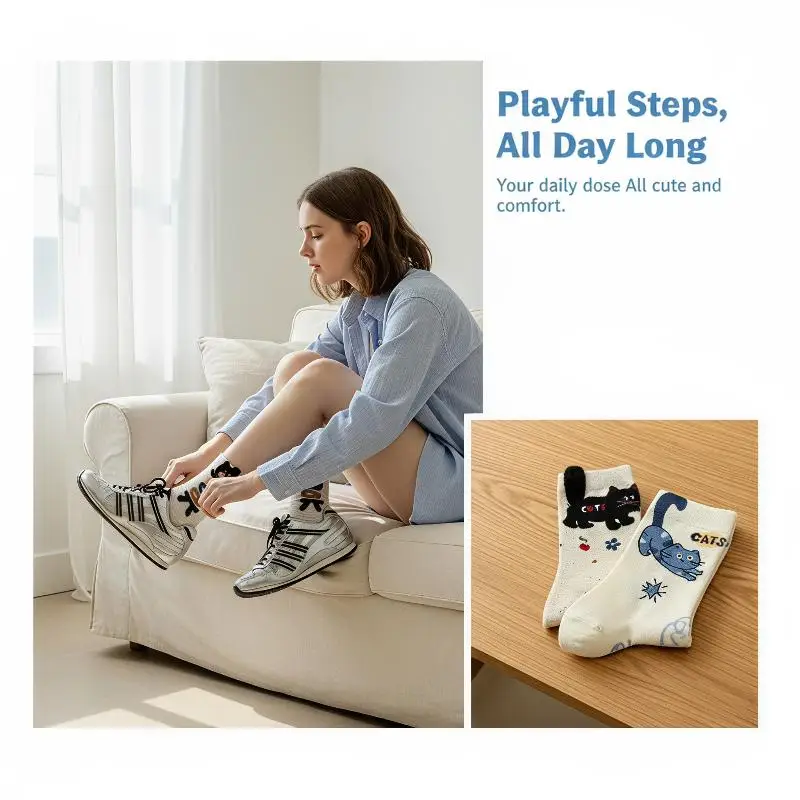 1Pair Cotton Mid Calf Socks, Cute Cartoon Cat Print Soft Breathable Socks For Daily Casual Wear