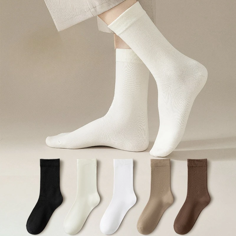 

5 pairs of women's spring autumn mid tube all cotton boneless socks sweat absorbing breathable solid color casual long socks