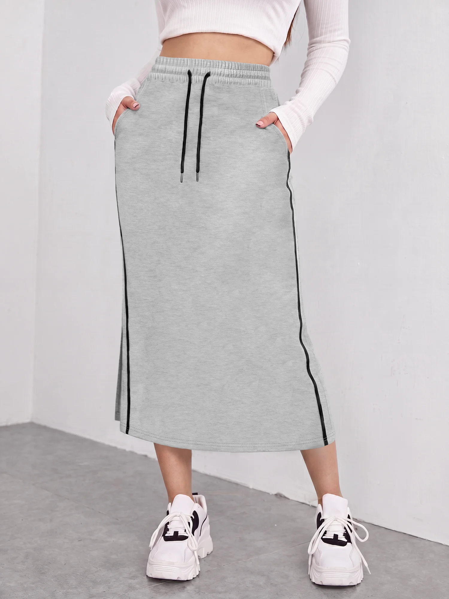 Ladies Soft Terry Sweat Midi Skirt with Side Black Stripes Split Hem Elastic Waist And Pocket Sport Long Skirt for Daily Outfit